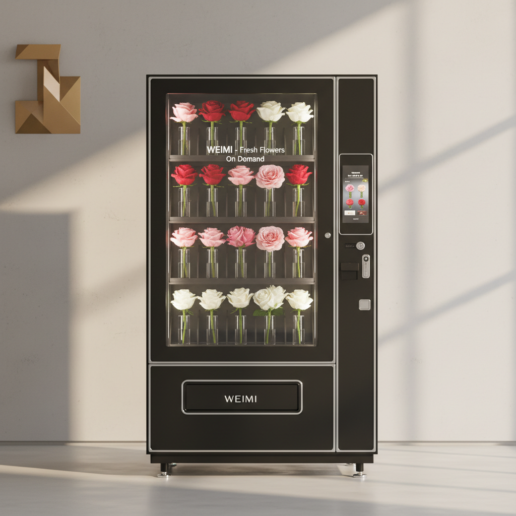 A modern flower vending machine filled with fresh roses, illuminated by soft morning light.