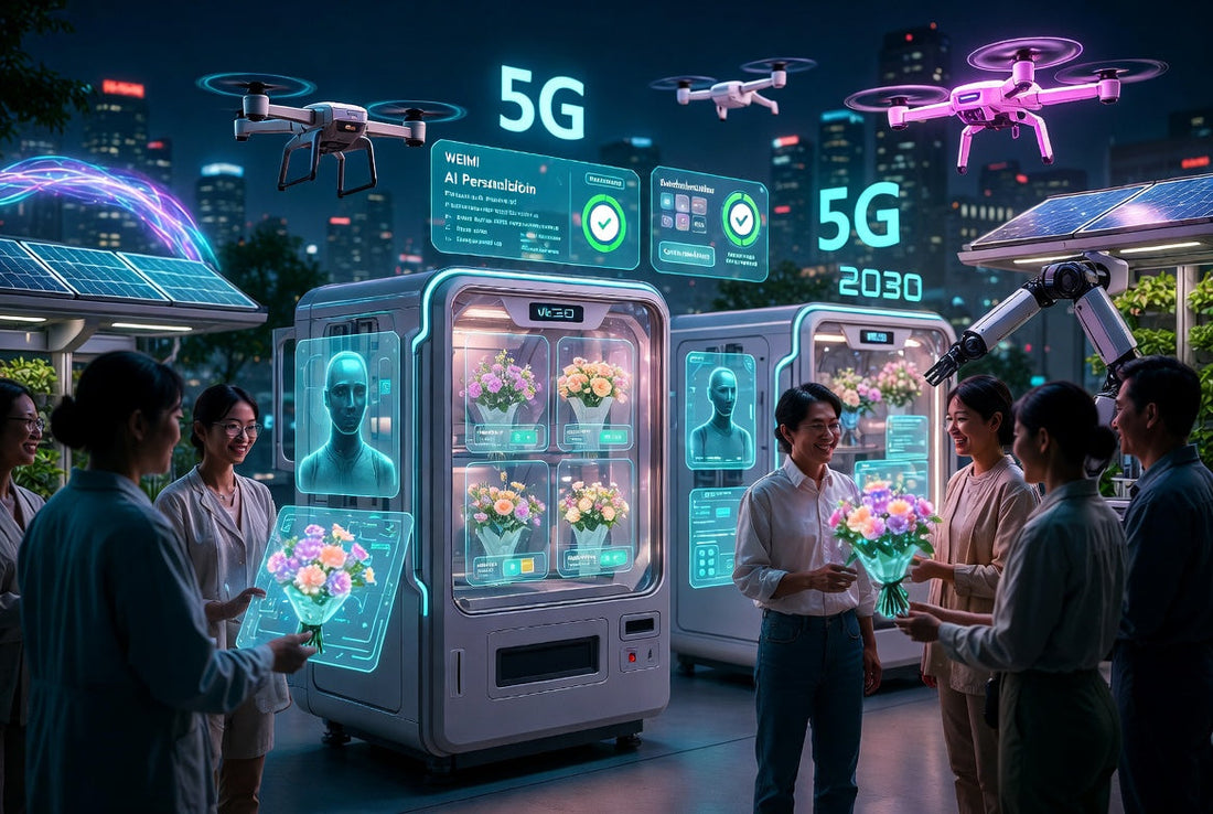 Futuristic smart vending machines in 2027-2030 cityscape showing AIoT, robotic, sustainable and perishable goods trends with WEIMI fresh flower vending at the forefront