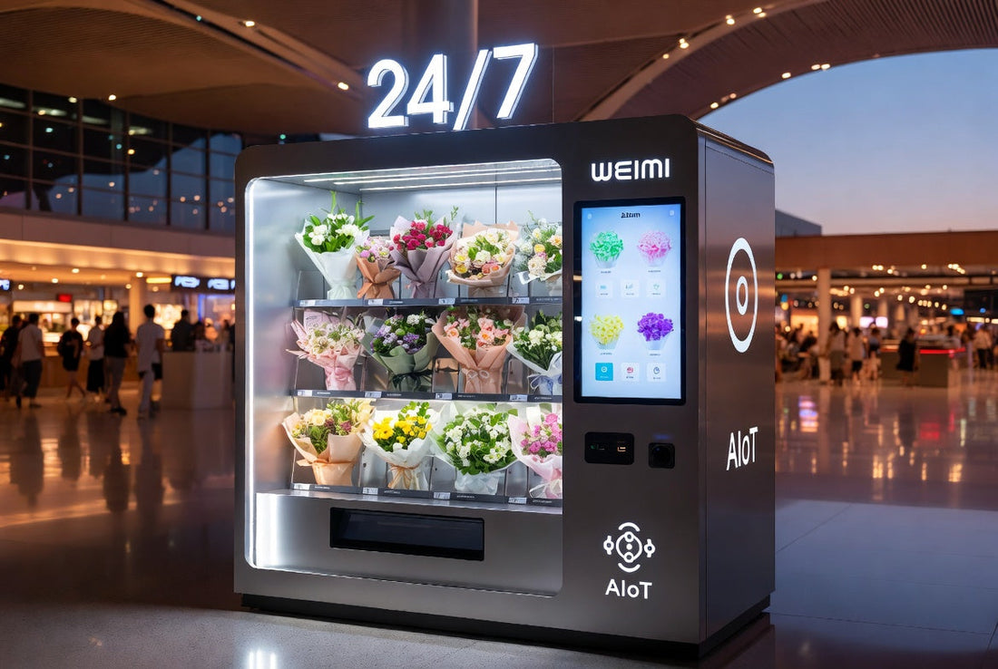 Hero image of WEIMI smart flower vending machine in bustling airport terminal at dusk showing fresh bouquets, glowing touchscreen, emphasizing 24/7 convenience and premium floral retail innovation in 2026.