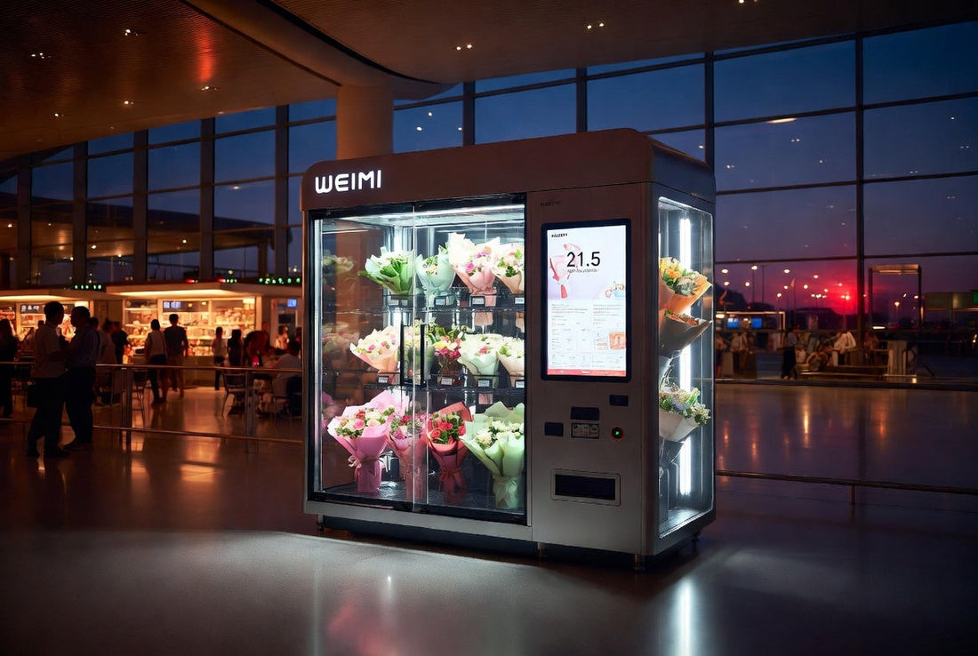 WEIMI modern Flower Vending Machine in airport terminal showcasing fresh bouquets through transparent doors with touchscreen interface.