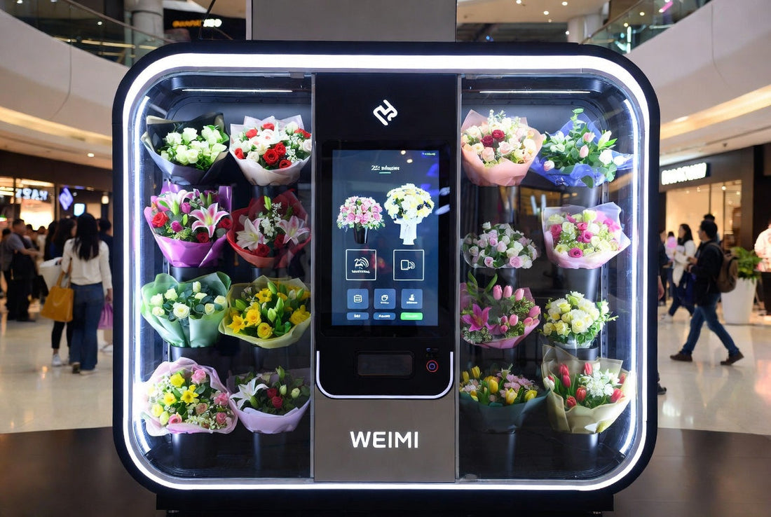 WEIMI AIoT Robotic Smart Flower Vending Machine in modern airport mall - 24/7 fresh flower bouquets with touchscreen, precision climate control and cashless payment. Revolutionary e-commerce meets offline innovation.