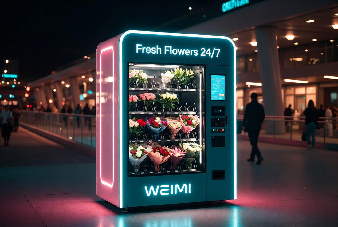 Modern WEIMI flower vending machine in airport terminal with fresh colorful bouquets, glowing 24/7 display, 2026 high-tech retail style.
