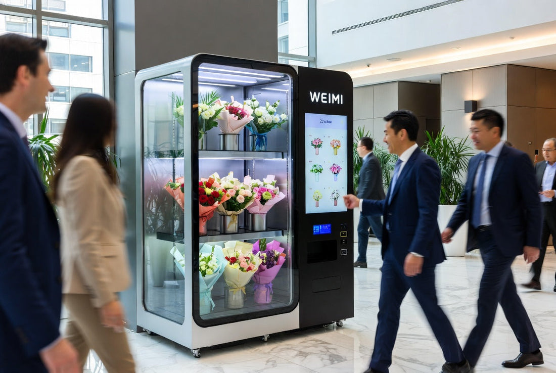 WEIMI smart flower vending machine delivering convenient fresh flowers to busy professionals in a modern corporate office lobby