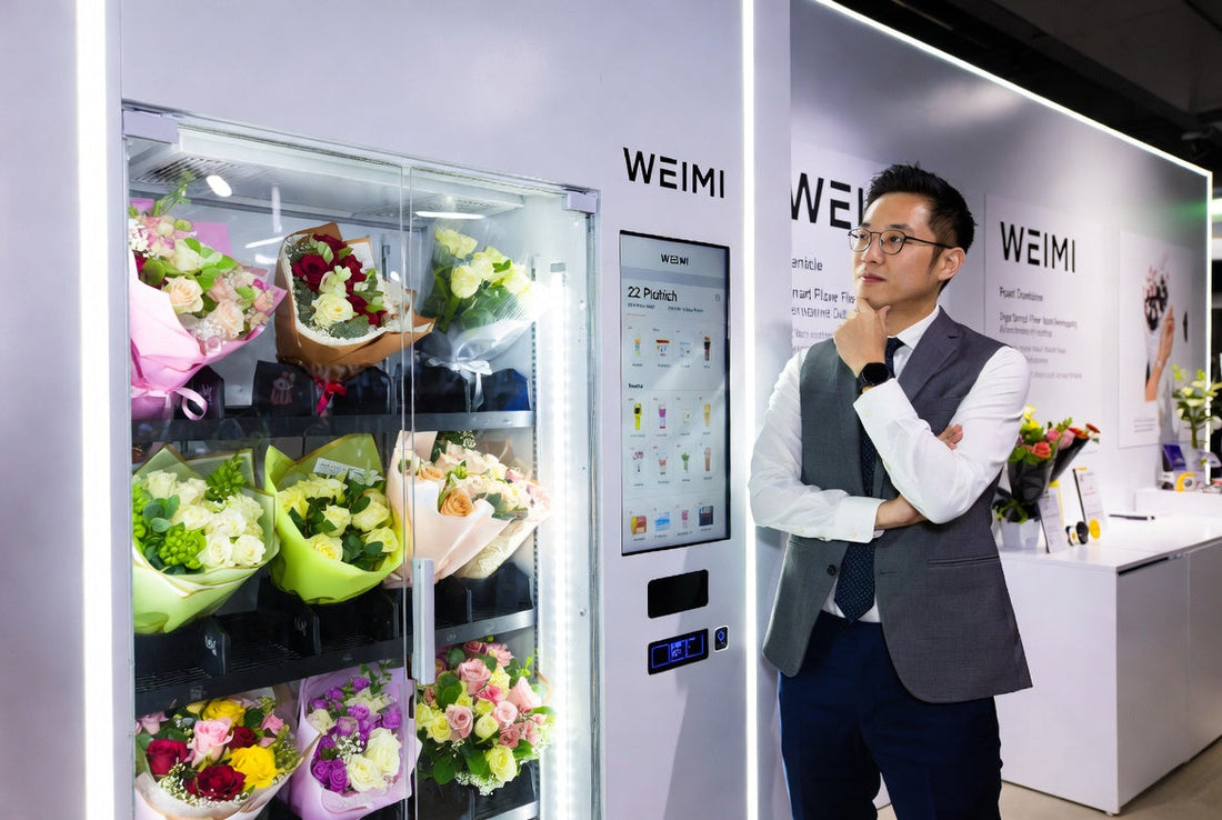 Business entrepreneur evaluating a WEIMI smart flower vending machine in a modern showroom for 2026 investment decision