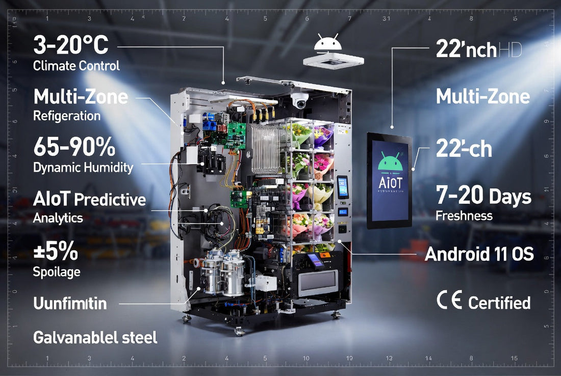 2026 WEIMI Smart Fresh Flower Vending Machine complete technical cutaway exploded view showing precision climate control, AIoT architecture, refrigeration engineering, sensors and internal systems