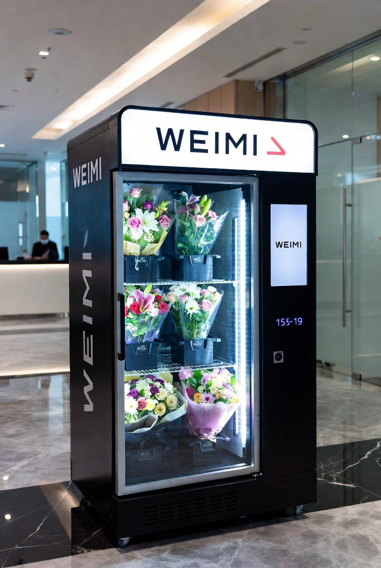Compact WEIMI mini flower vending unit in modern lobby displaying fresh bouquets — space-saving 24/7 automated floral retail solution.