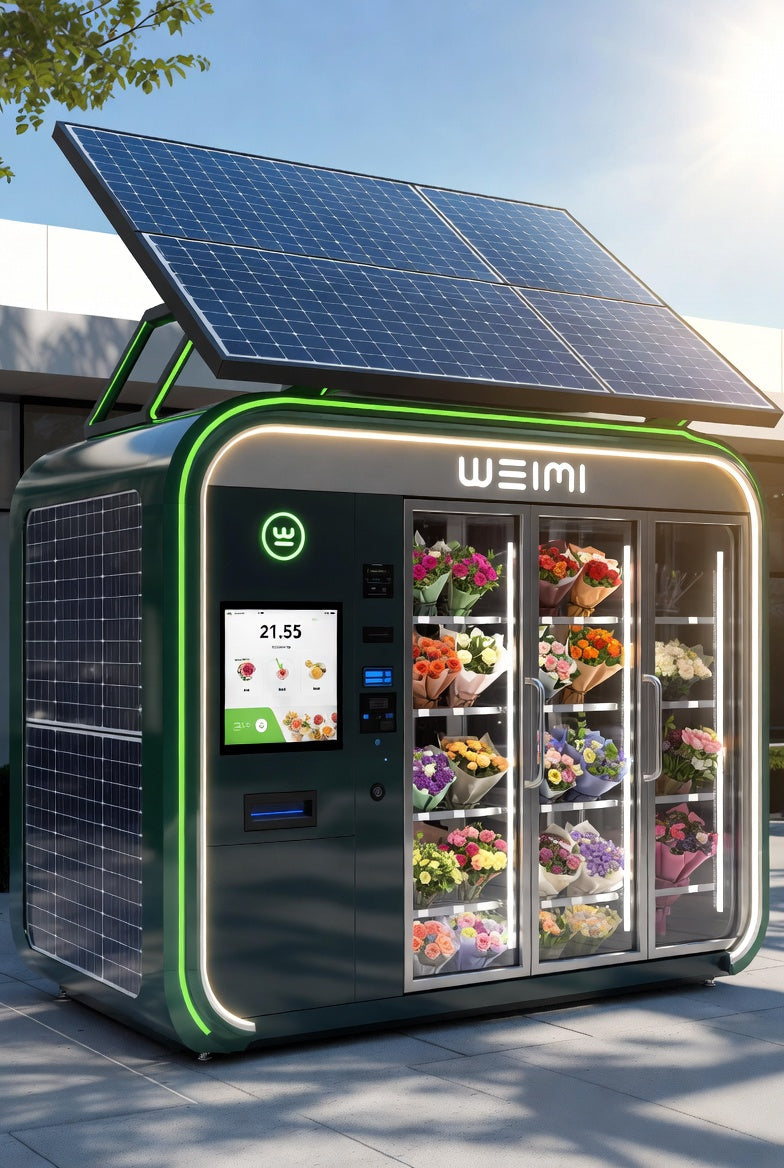 Futuristic WEIMI solar-powered flower vending machine harnessing sunlight with vibrant fresh bouquets — the pinnacle of sustainable automated floral retail innovation