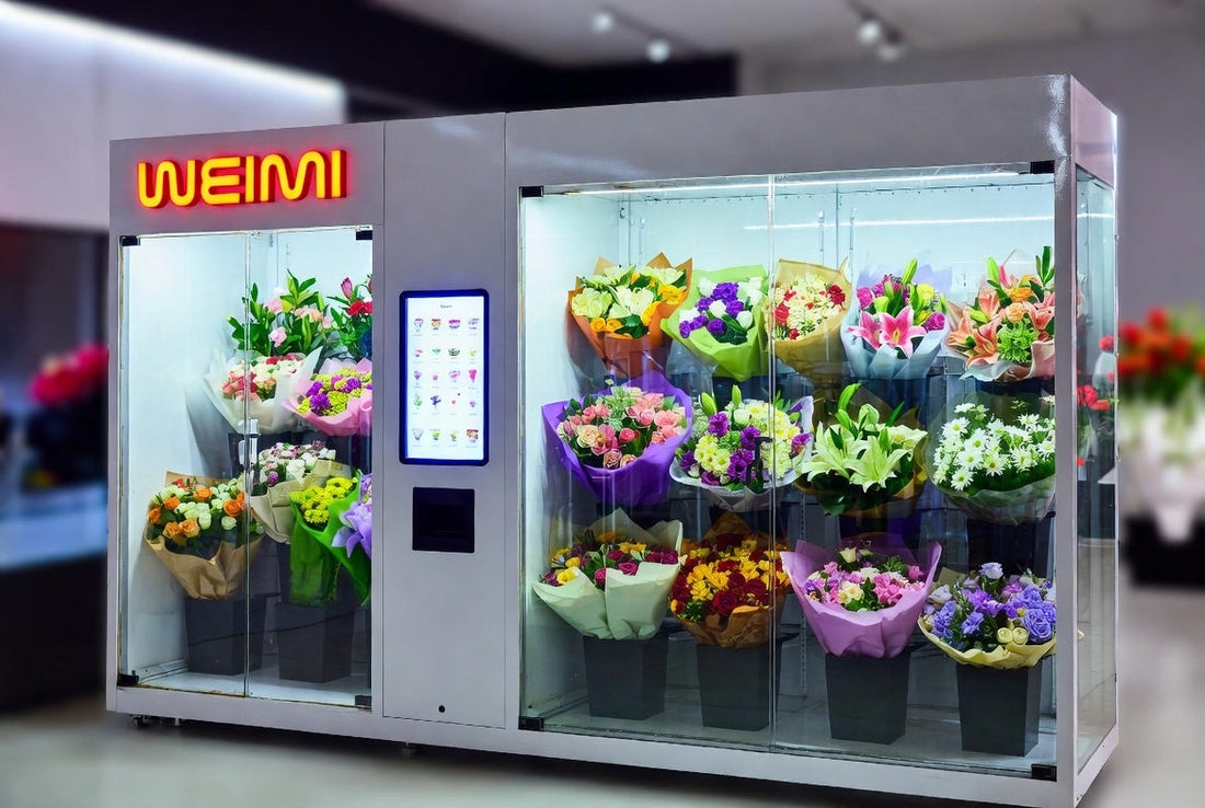 Premium WEIMI Flower Vending Machine for Sale in modern showroom with vibrant fresh bouquets and orange WEIMI logo in top-left corner – best 2026 deals with OEM/ODM customization.