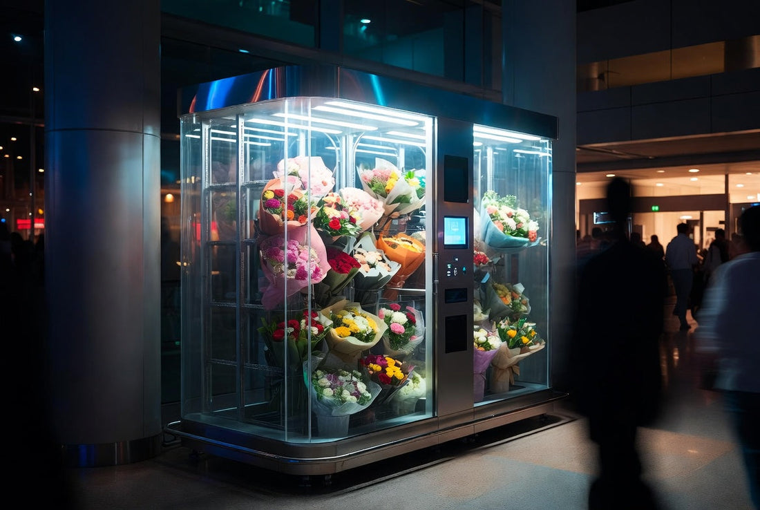 Modern smart flower vending machine displaying fresh colorful bouquets in a busy airport terminal at night