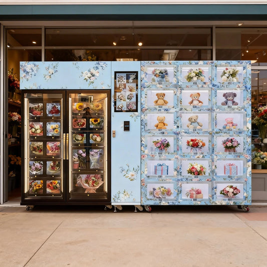 Smart Refrigerated Flower Vending Machine with Ambient Gift Lockers for Bouquets & Plush Toys
