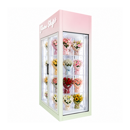 Angled reference view of WEIMI transparent flower cabinet showing glazed side and twin-door display