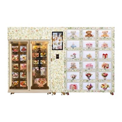 Smart Refrigerated Flower Vending Machine with Ambient Gift Lockers for Bouquets & Plush Toys
