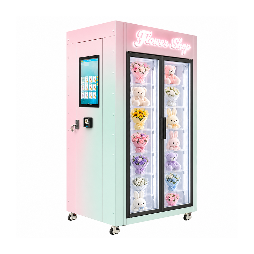 WEIMI flower vending configuration with side-mounted touchscreen, payment terminal and illuminated twin-door bouquet display