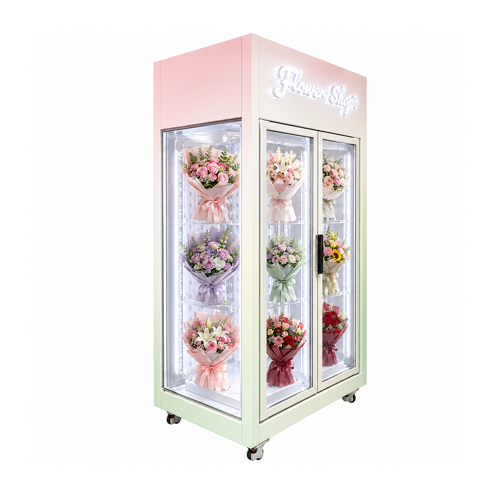 WEIMI compact transparent flower vending cabinet with illuminated bouquets, glazed side panel and pastel pink-to-green finish