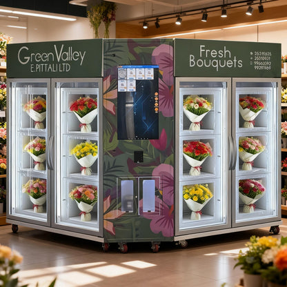 Combined flower vending machine with a control system and support for branded stickers & lockers quantity and size