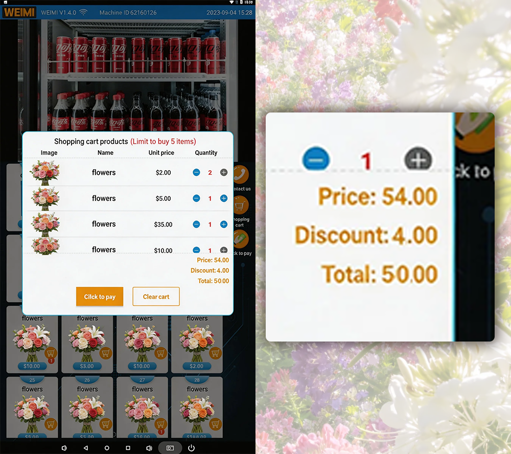 Smart retail interface displaying multi-purchase discounts like Buy 2 Get 10% Off on flower bouquets.