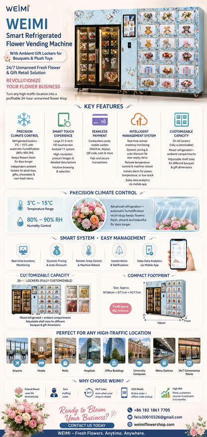 Smart Refrigerated Flower Vending Machine with Ambient Gift Lockers for Bouquets & Plush Toys