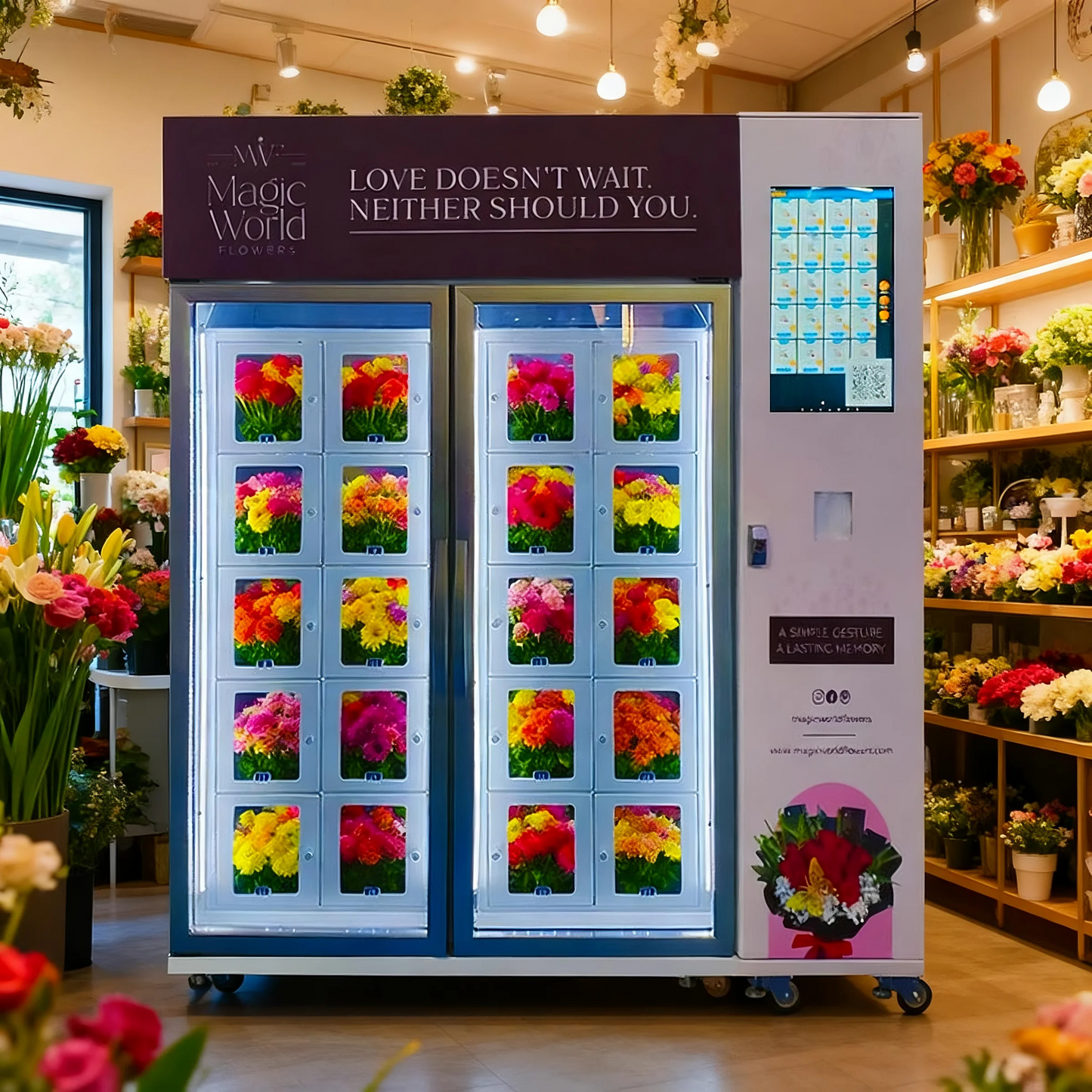 Fresh flower Cooling locker vending machine with refrigerated mode (3~20℃ adjustable) with 21.5-inch screen for advertising