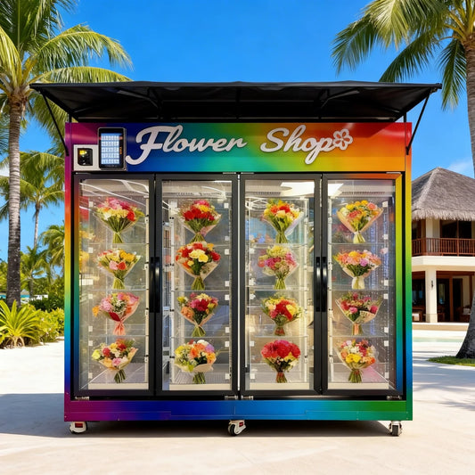 360° Panoramic Flower Vending Station | Dual-Access Transparent Refrigerated Lockers for Scenic Venues