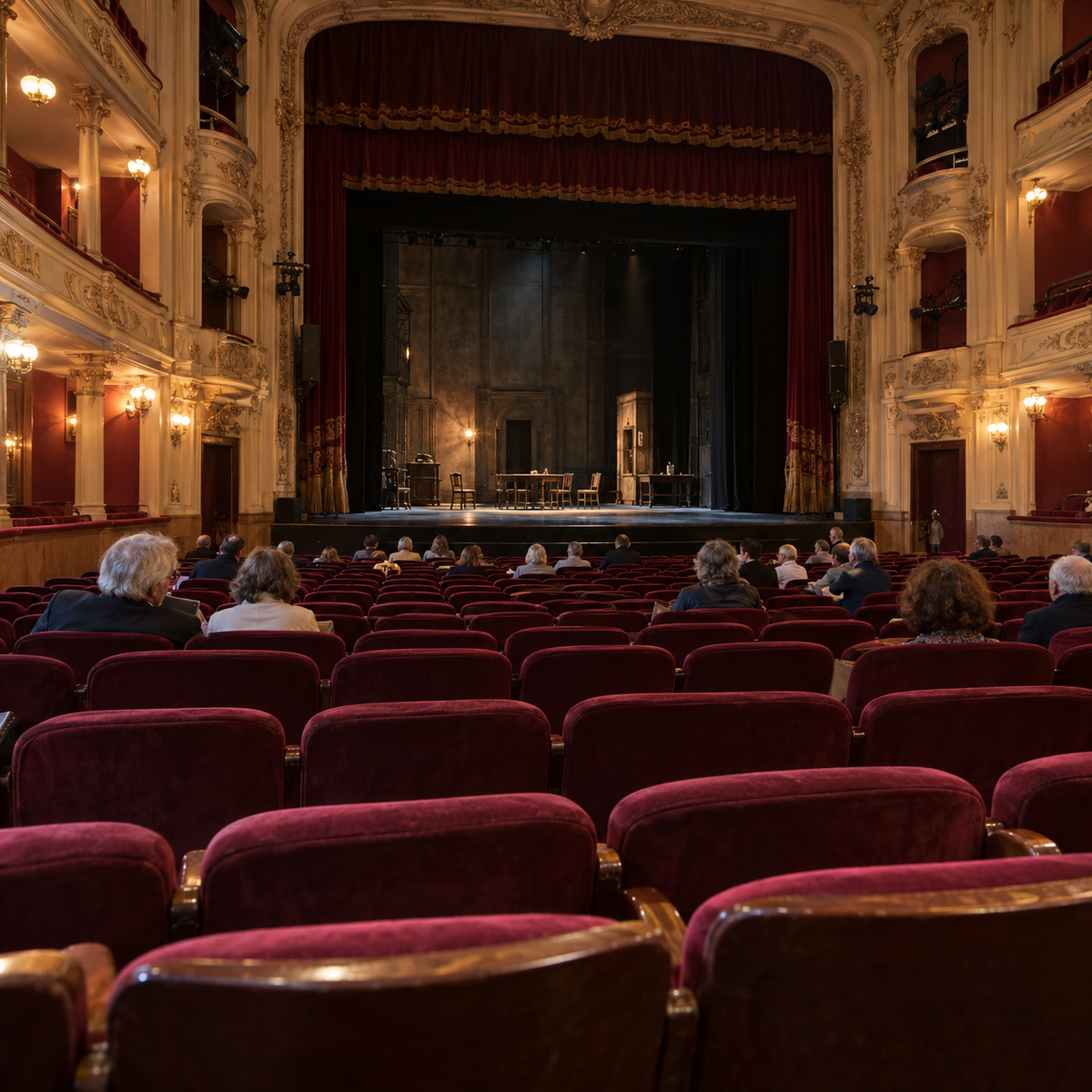 Performers silhouetted against red theatre curtains, illustrating an arts venue setting