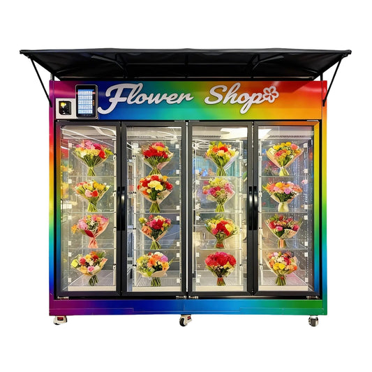 360° Panoramic Flower Vending Station | Dual-Access Transparent Refrigerated Lockers for Scenic Venues