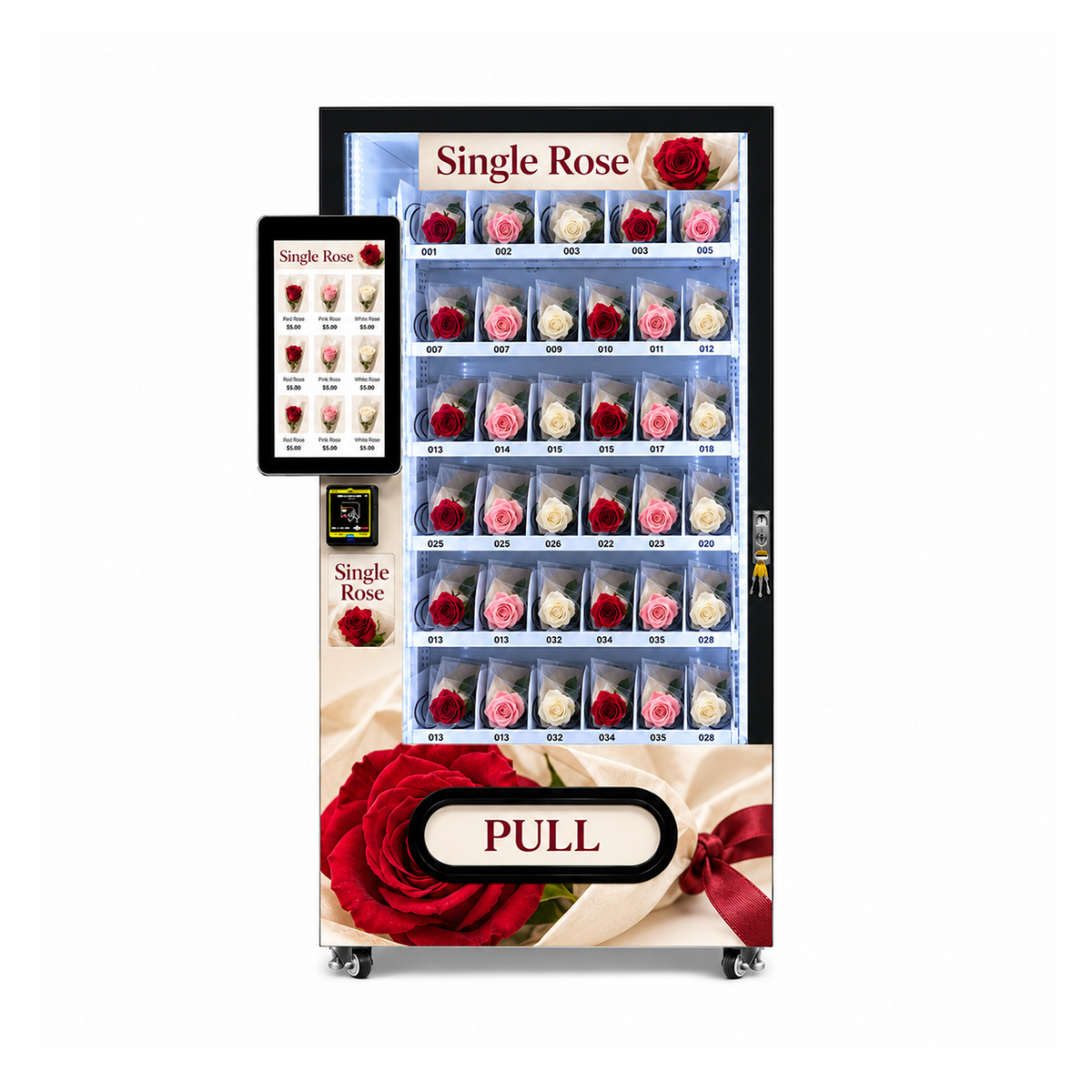 WEIMI single rose vending machine front view with individually wrapped flowers, touchscreen and lower collection hatch