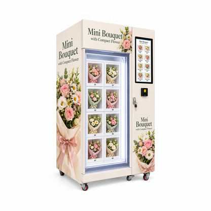 WEIMI mini bouquet vending machine left side view with eight compact flower lockers and portrait touchscreen