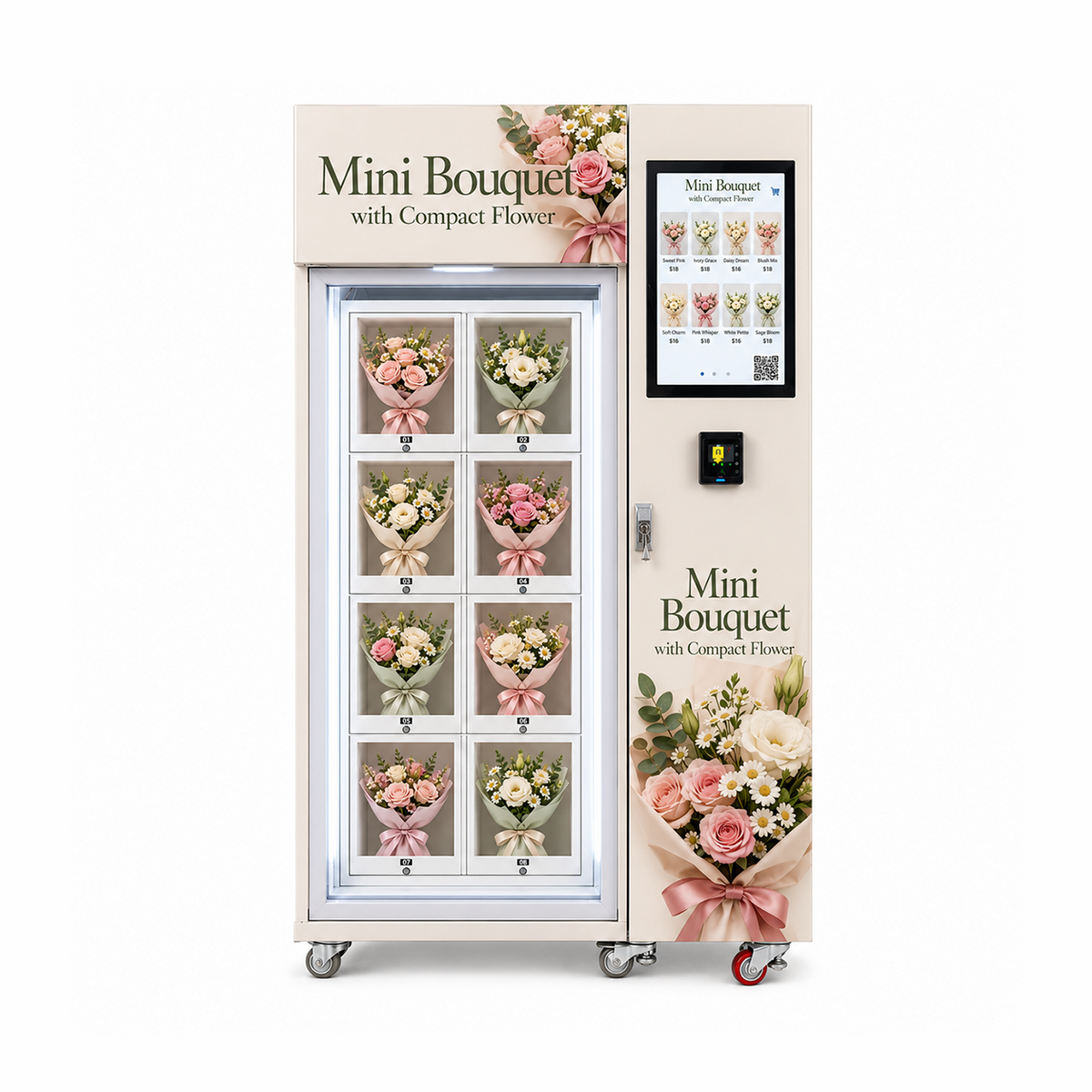 WEIMI mini bouquet vending machine front view with two columns of four flower lockers and payment terminal