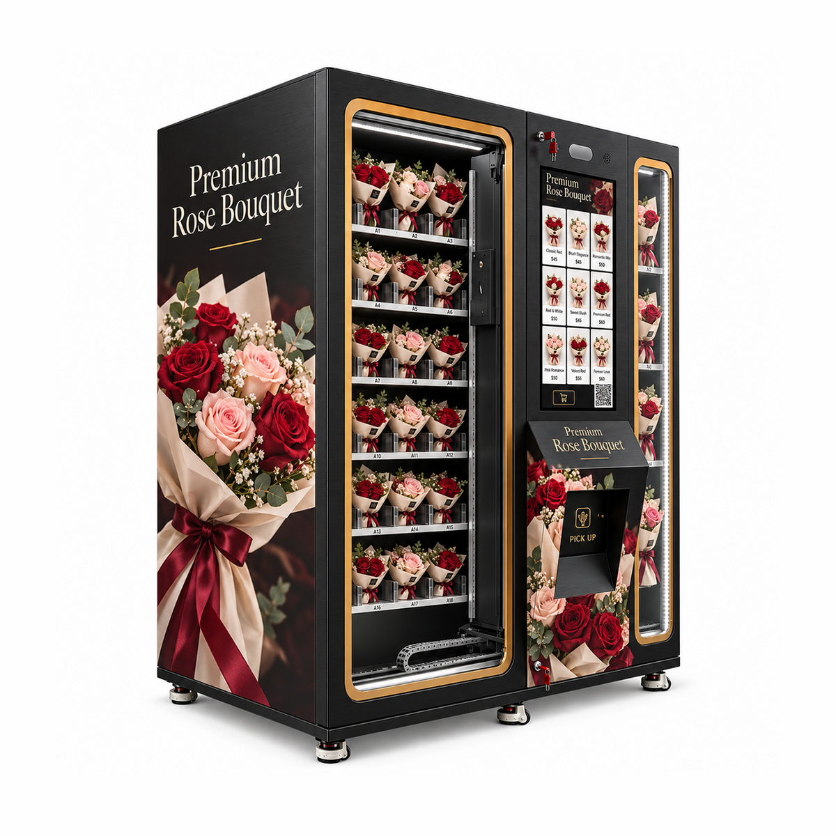 WEIMI refrigerated rose bouquet vending machine left perspective with black cabinet, gold trim and central pickup opening