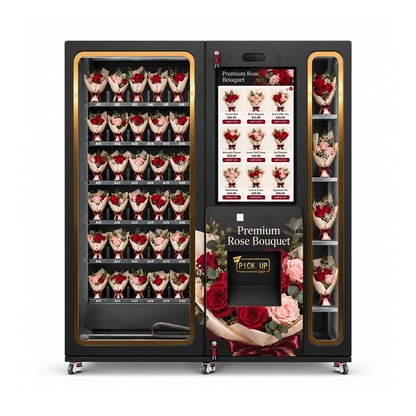 WEIMI refrigerated rose bouquet vending machine front view with wide bouquet display, central selection screen and narrow side display