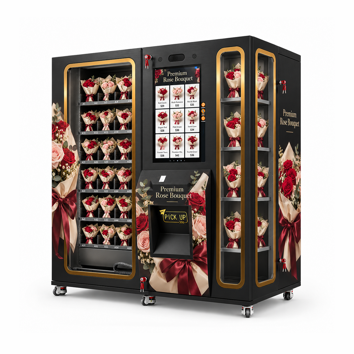 WEIMI rose bouquet vending machine right perspective showing glazed floral display, touchscreen and side viewing window
