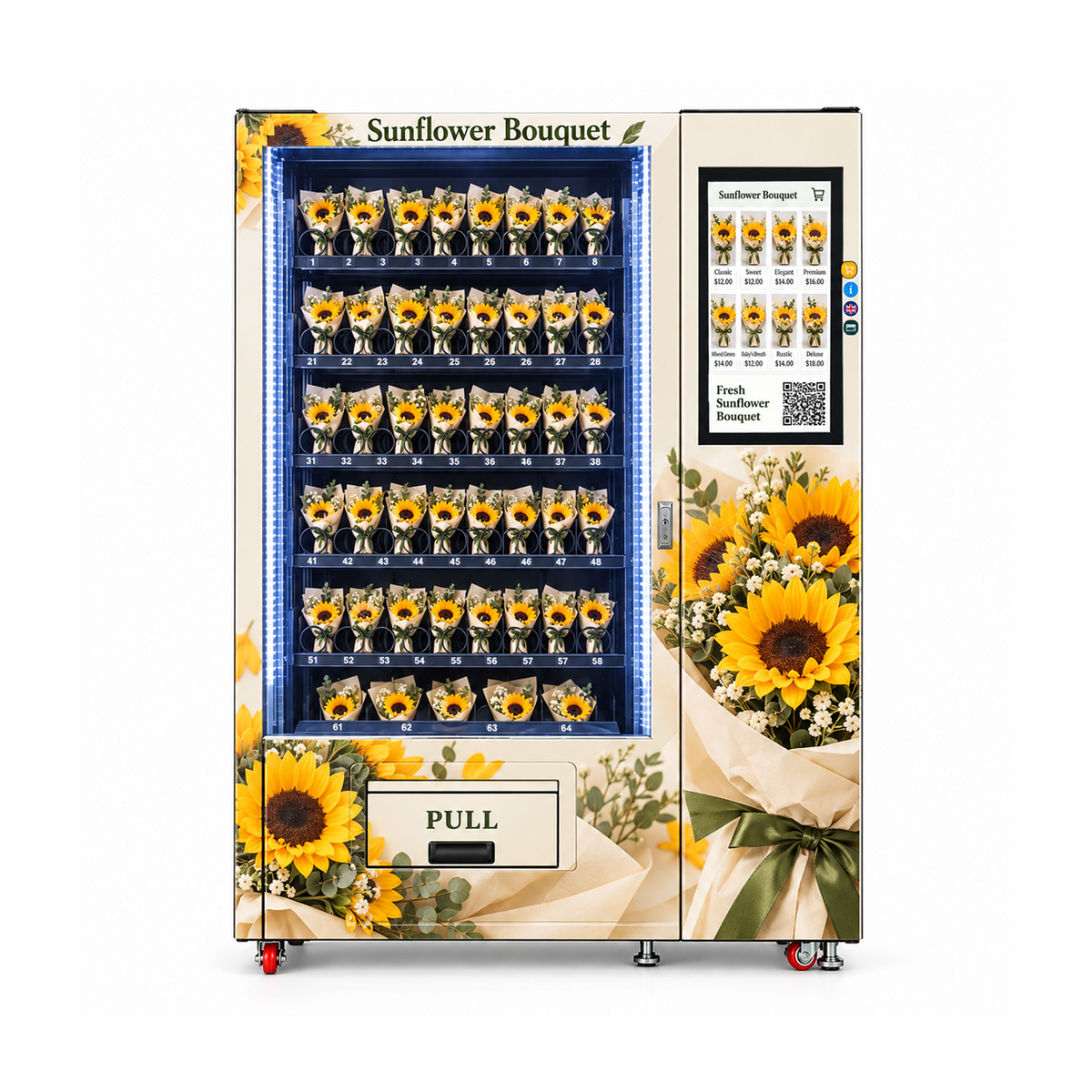 WEIMI sunflower bouquet vending machine front view with upright wrapped flowers, illuminated display and lower pickup hatch