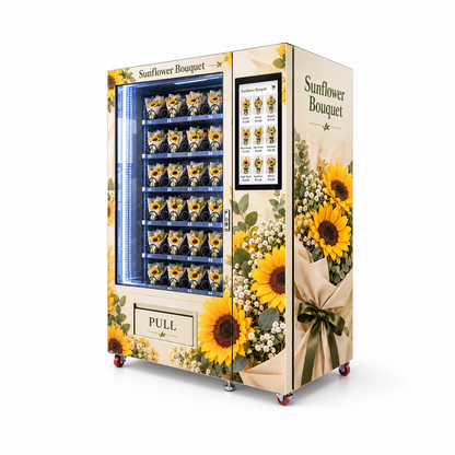 WEIMI sunflower bouquet vending machine right perspective showing portrait touchscreen and floral side panel