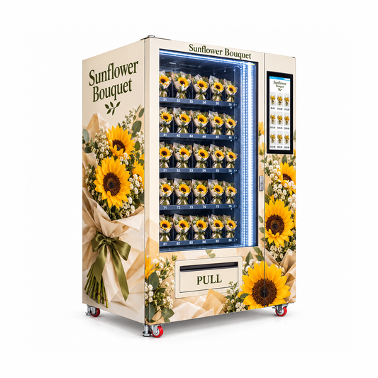 WEIMI sunflower bouquet vending machine left perspective showing sunflower cabinet graphics and upright display lanes