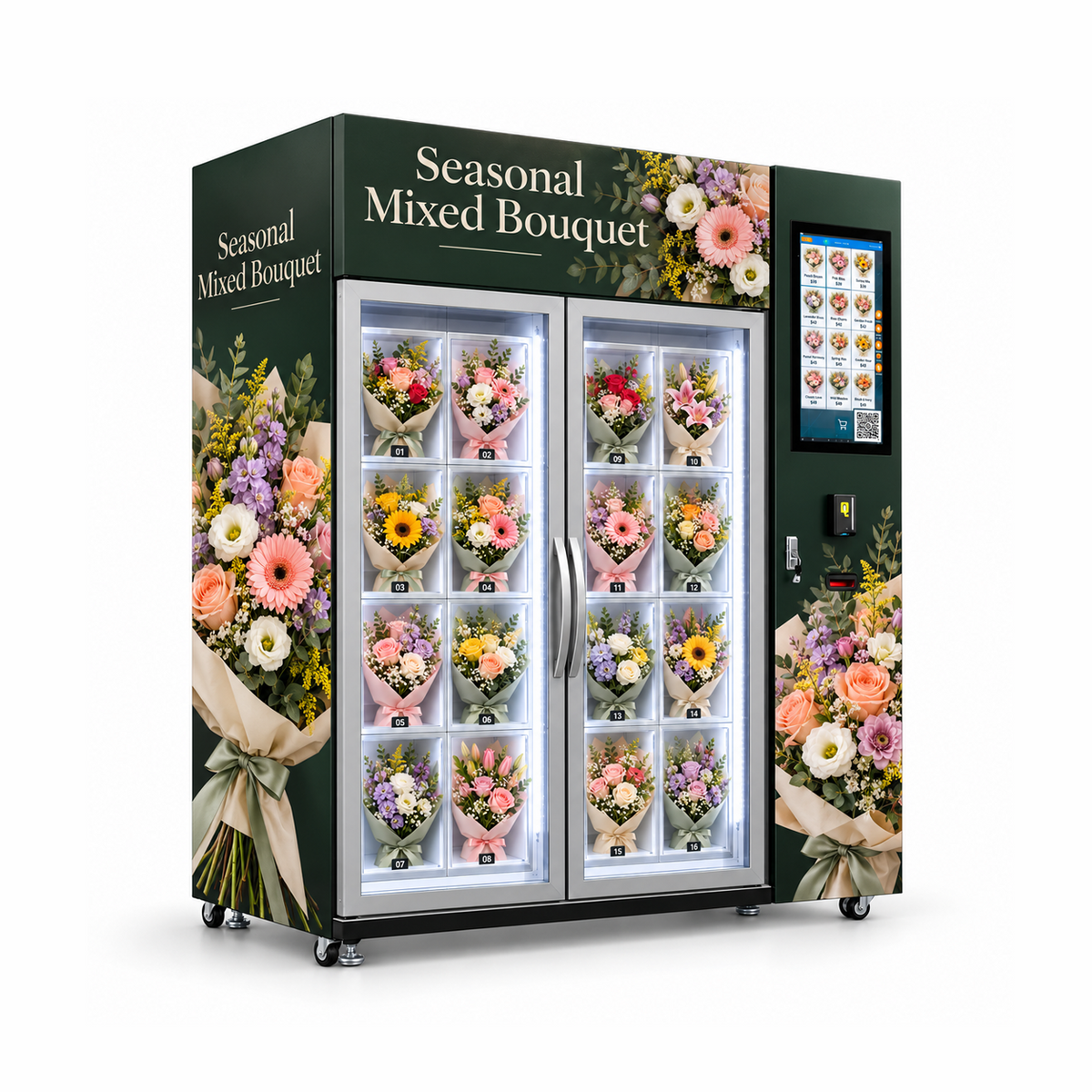 WEIMI seasonal mixed bouquet vending machine left perspective with dark green cabinet, twin glazed doors and 16 flower display spaces