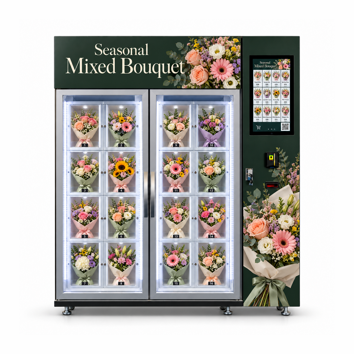 WEIMI seasonal bouquet vending machine front view with illuminated mixed-flower display, twin doors and portrait touchscreen