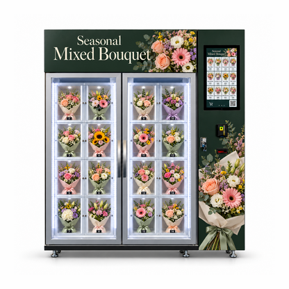 WEIMI seasonal bouquet vending machine front view with illuminated mixed-flower display, twin doors and portrait touchscreen