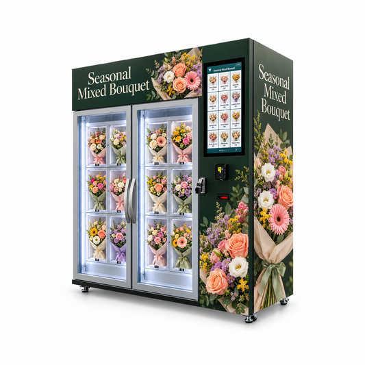 WEIMI mixed fresh flower vending machine right perspective showing seasonal floral graphics and a 12-position reference display layout
