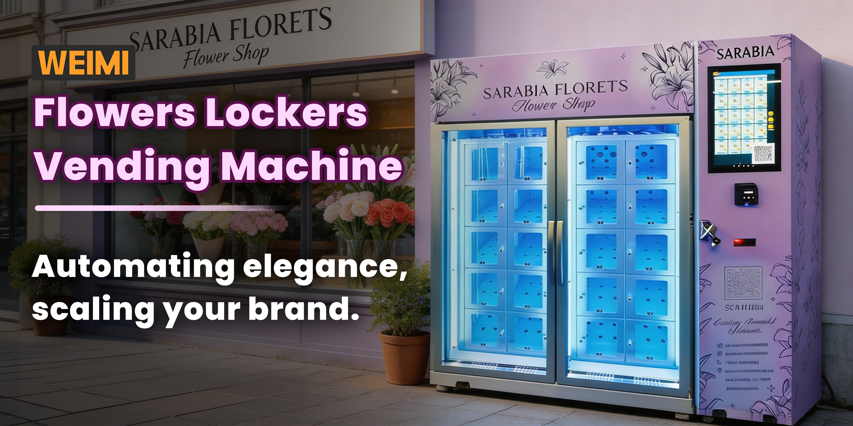 Interactive touchscreen on Weimi flower locker showing product details and brand information for customers.