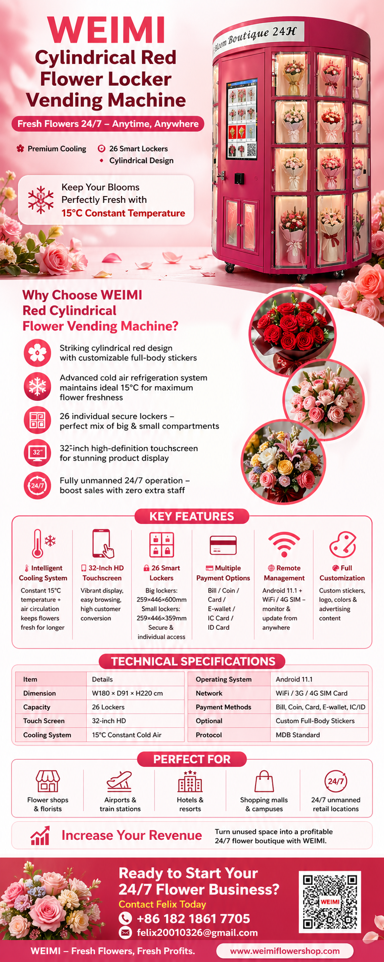 Cylindrical Red Flower Vending Machine with Cold Air & Custom Stickers