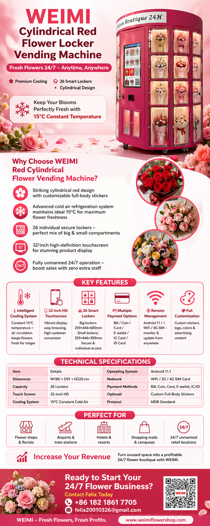 Cylindrical Red Flower Vending Machine with Cold Air & Custom Stickers
