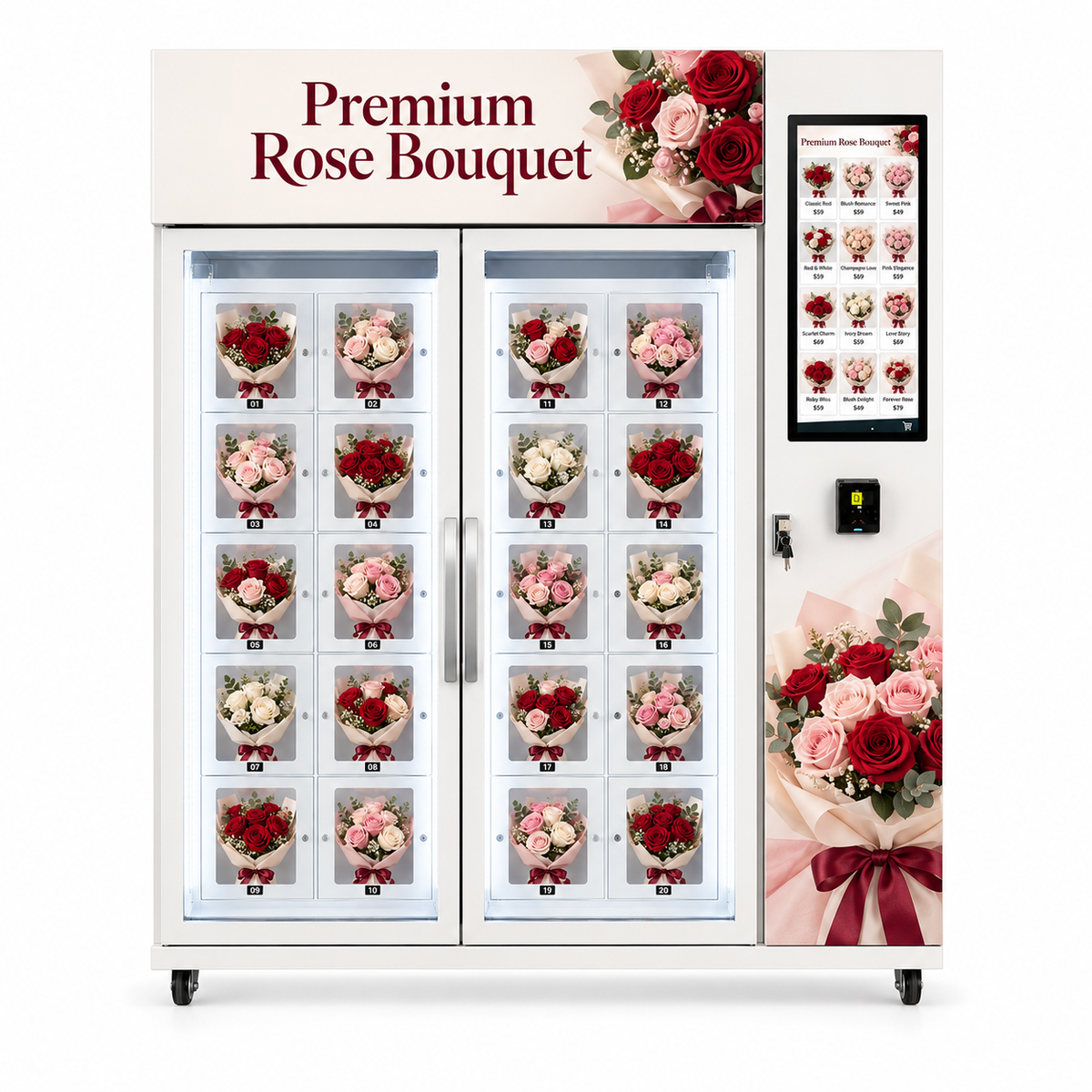 WEIMI Rosarium Duo premium rose bouquet vending cabinet front view with two glazed doors and 20 flower display positions