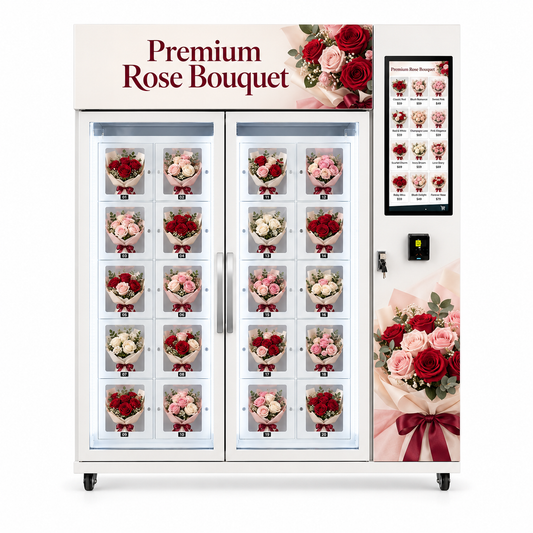 WEIMI Rosarium Duo premium rose bouquet vending cabinet front view with two glazed doors and 20 flower display positions