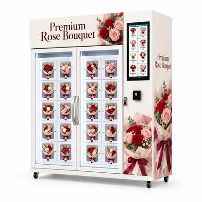 WEIMI Rosarium Duo right perspective showing cream cabinet, floral artwork, portrait touchscreen and payment terminal