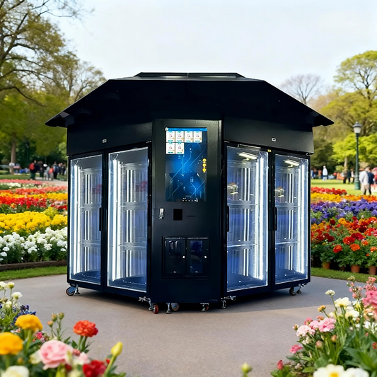 Outdoor combo flower vending machine with roses, carnations, and a canopy for protection and freshness.