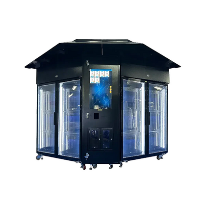 Convenient outdoor flower vending machine selling roses and carnations, with a canopy to keep flowers fresh.
