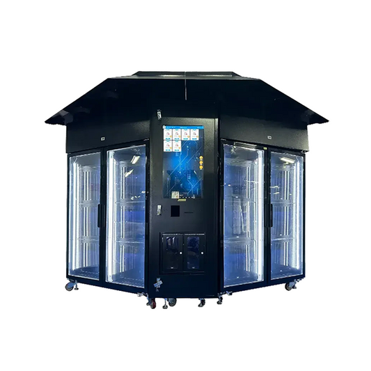 Convenient outdoor flower vending machine selling roses and carnations, with a canopy to keep flowers fresh.