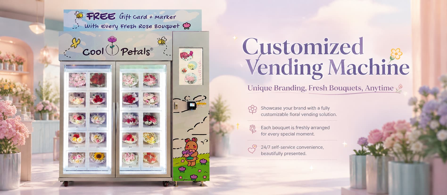 Cool Petals customized flower vending machine with unique branding, offering fresh rose bouquets and free gift card 24/7