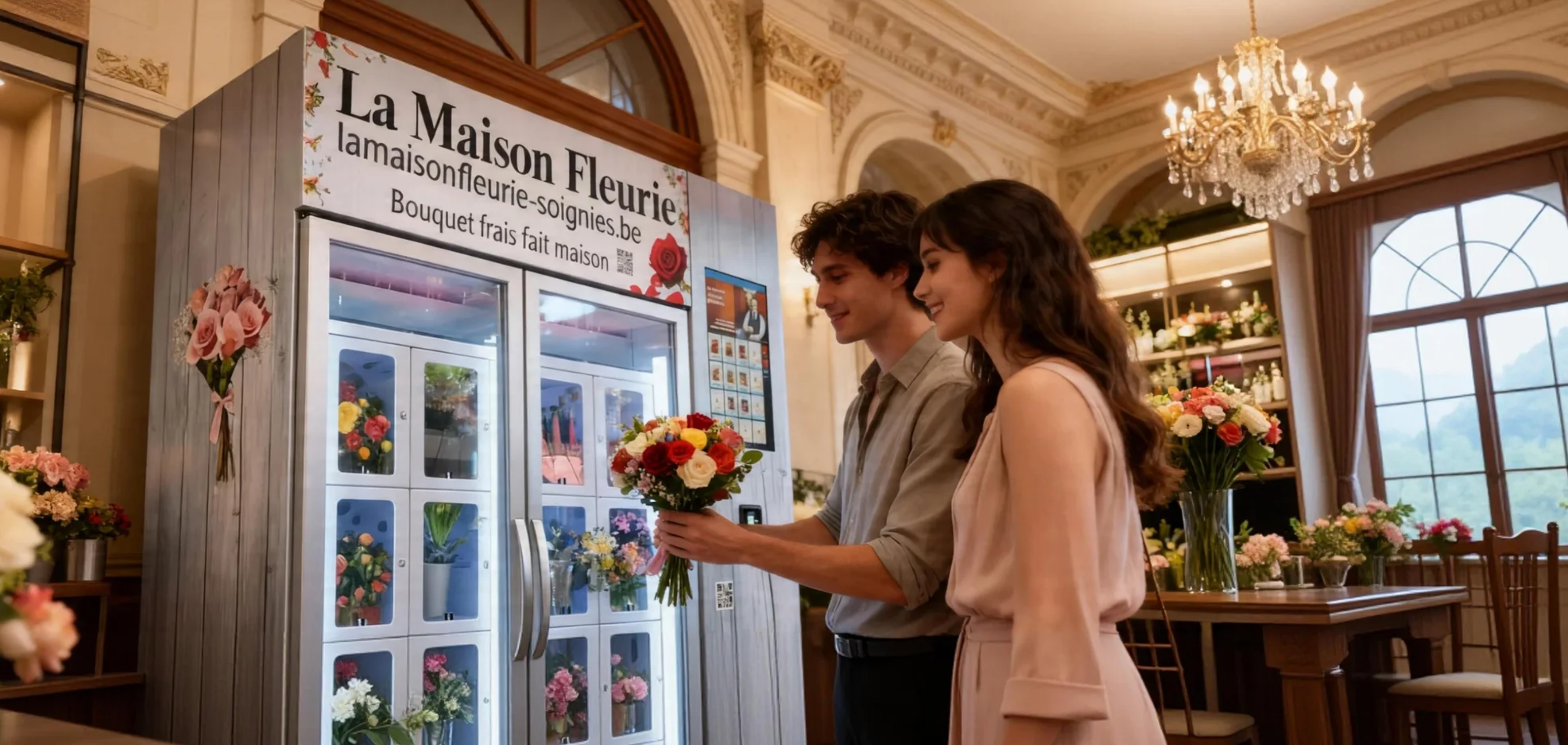 Couple purchasing fresh bouquet from La Maison Fleurie flower vending machine in an elegant floral boutique setting
