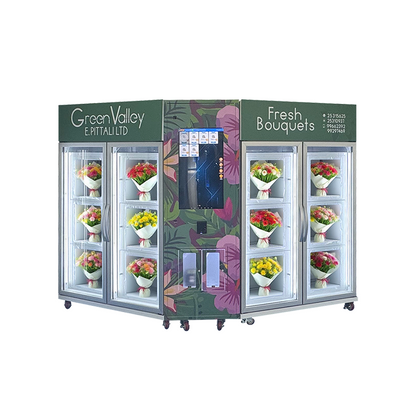 Combined flower vending machine with a control system and support for branded stickers & lockers quantity and size